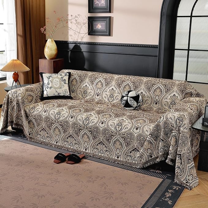 Vintage Couch Covers for Sofa Washable Sofa Covers for 3 Cushion Couch Non Slip Couch Covers for sectional Sofa Chenille Jacquard Furniture Protector for Dogs Pet Friendly Brown, 71"x102" by LUFEIJIASHI
