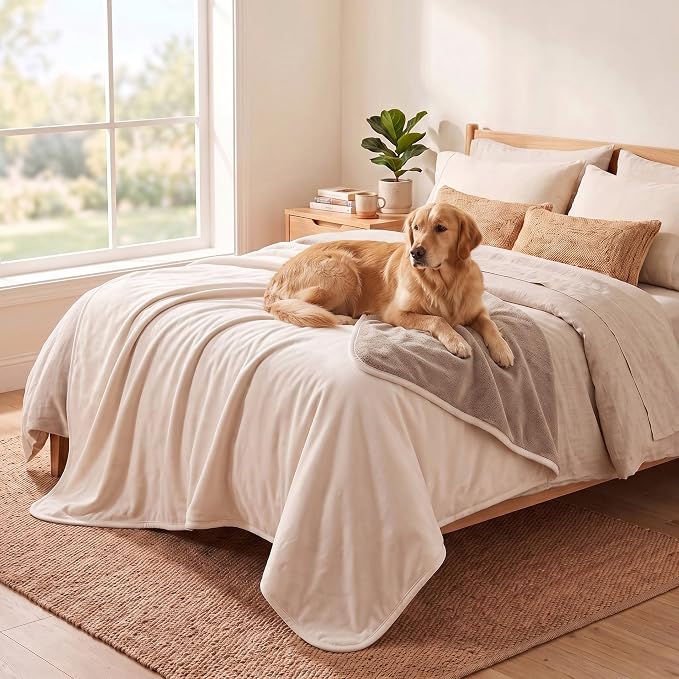 Waterproof Blanket - Reversible Dog Throw as Furniture Protector | Soft Velvet & Flannel, TPU Leak-Proof Liner, Machine Washable, Fits Couch and Bed, 82" x 120", Beige/Khaki by TuffeelHome