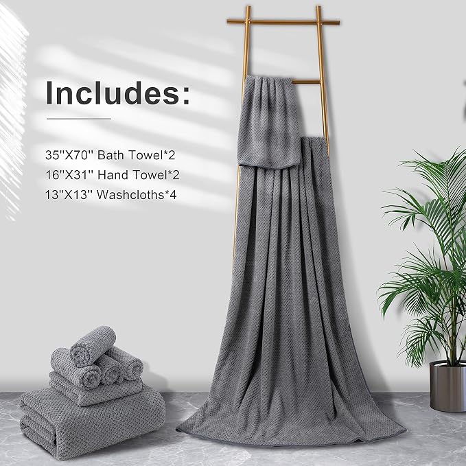 8-Piece Gray Bath Towel Set, 2 Extra Large Bath Towel Sheets, 2 Hand Towels and 4 Washcloths - Highly Absorbent Quick Dry Microfiber,Ultra Soft Towel Set for Bathroom, Waffle Weave Design, Pack of 8 - Image 6