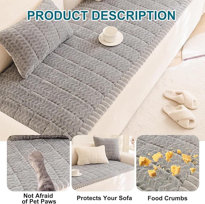 KRFOONN Couch Cover for Dogs Washable Sofa Covers for 3 Cushion Non-Slip Fuzzy Couch Cushion Covers Sofa Slipcovers Furniture Protector with Elastic Straps for Dogs Pets Mat (Light Grey, 27.6" x 59") - Image 7