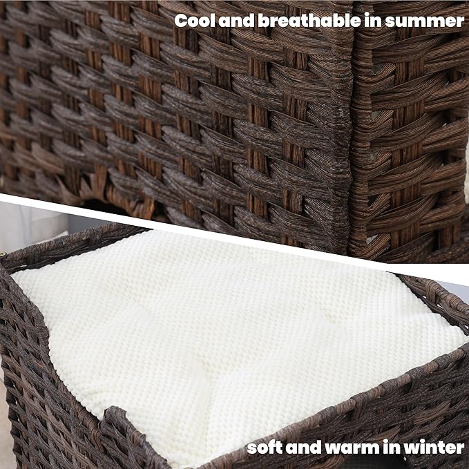 Cat Bed for Indoor Cats, a Stylish Cat Hideaway & Cat House - Handwoven Rattan Cat Cave Bed with Soft Cushion, Foldable Cat Cubes for Indoor Cats, Sturdy Cat Perch & Furniture Coffee Brown - Image 4