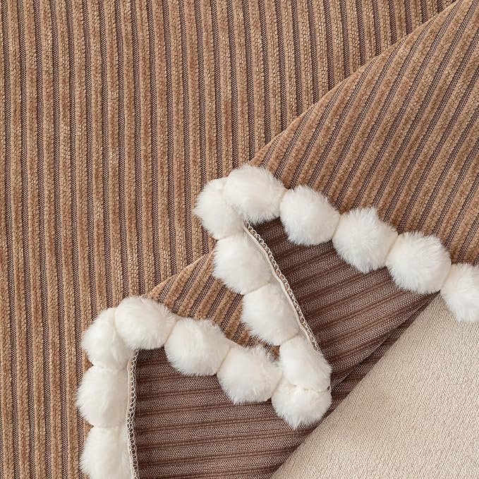 Brown Striped Chenille Sofa Cover for Sectional with Pom Pom Trim, Non Slip Couch Cover for Pets Washable, Soft Couch Protector for 3 Cushion Couch Boho Cute Throw Blanket for Living Room-71X150IN - Image 5