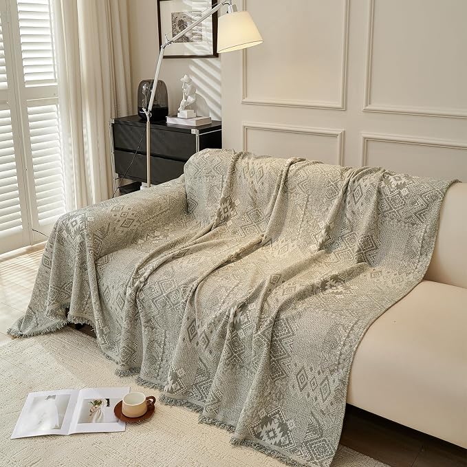 DREAMINGO Couch Cover - Geometric Jacquard, Sage Green, Boho Vintage 3 Cushion Couch Covers for Dogs Washable, Chenille Furniture Protector Sectional Sofa Slipcovers 3 Seater, X-Large 71"x134" - Image 2
