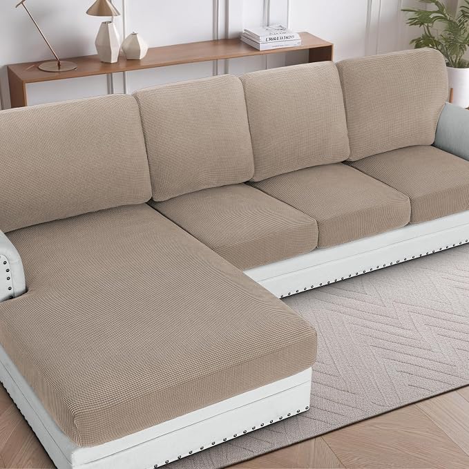 H.VERSAILTEX Sectional Couch Covers 1 Piece Chaise Slipcover L Shape Separate Cushion Couch Cover for Both Left/Right Sectional Couch (Seat Only: 1 Chaises, Sand) by HVERSAILTEX