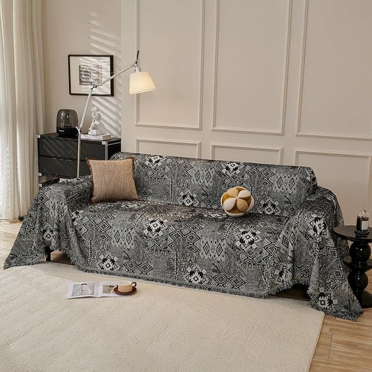 DREAMINGO Couch Covers for Sofa Boho Geometric Jacquard Vintage Sofa Covers 3 Seater Non Slip Chenille Furniture Protector for Dogs Pets Washable Sectional Couch Slipcovers, Black, 71"x150" by DREAMINGO
