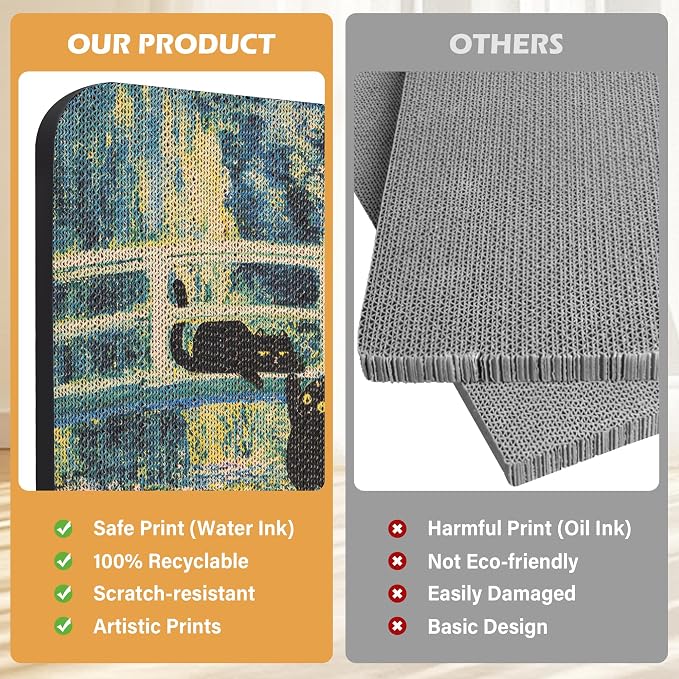 Cat Wall Scratcher, Art Cat Scratching Board for Indoor Cats | Wall Mounted Cat Scratch Pad, Water-Based Ink, Hook&Loop Strips, Floor or Wall Use, 16.7x11x1 Inch, Lily Pond Bridge - Image 6