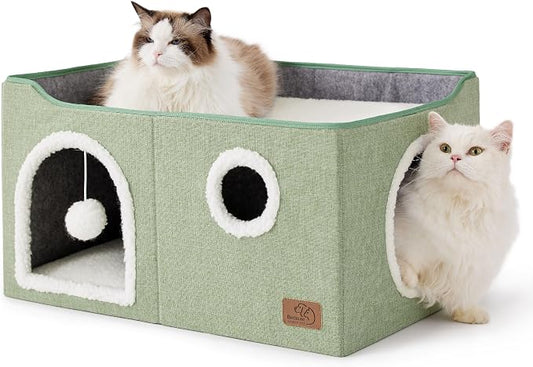 Bedsure Extra Wide Cat House Bed with Fluffy Ball and Scratch Pad,Green | 23.6x16.9x13 in,Indoor Cat Cave for Multiple Pets, Foldable Cat Hideway Cube for Sleeping Large Cat and Kitten by Unknown