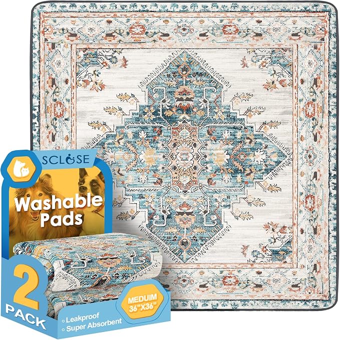 SCLOSE Washable Pee Pad for Dogs 2 Pack, 36" x 36" Reusable Puppy Pads Waterproof Dog Rugs, Super Absorbent, Leakproof, Dog Crate Pad, Playpen Mat, Whelping Pads, Blue Medallion by SCLOSE