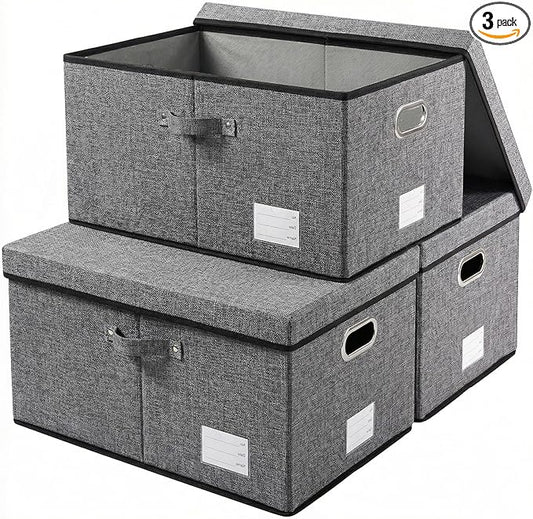PRANDOM Storage Bins with Lids [3-Pack] Linen Fabric Foldable Storage Boxes Organizer Containers Baskets Cube with Cover for Bedroom Closet Office Grey(23.4X15.9X11.4) by Prandom