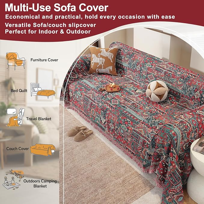 ROOMLIFE Aztec Boho Couch Cover Blanket Sofa Covers for Loveseat 2/3 Cushion Couches, Pet-Friendly Washable Anti-Slip Sofa Slipcovers Furniture Protector with Tassels,Farmhouse Home Decor 71'' X134'' - Image 5