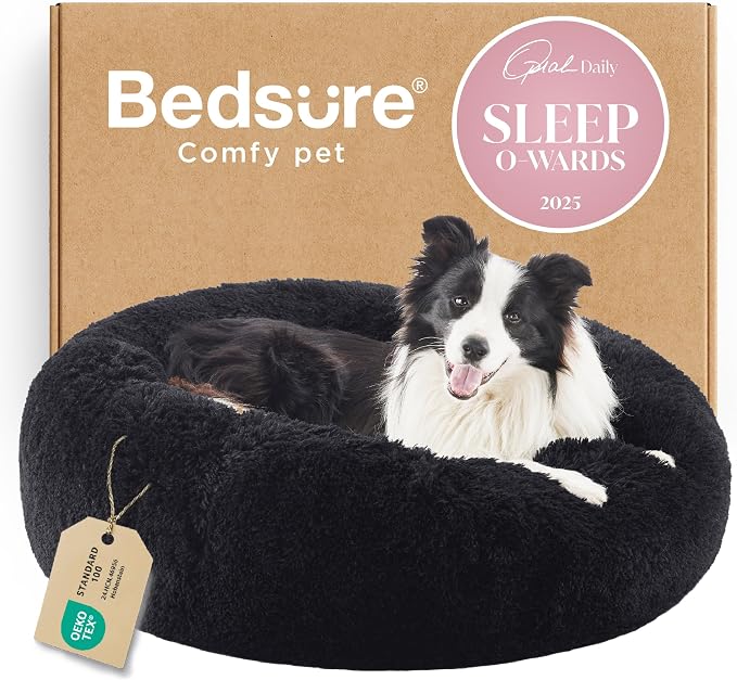 Bedsure Calming Dog Beds Large Sized Dog Donut Washable Pet Bed,36ins Black | Fluffy Faux Fur Round Cuddler,with Removable Washable Cover,Anti-Slip Bottom,Anti-Anxiety,Deep Sleeping for Pets Up to 80 Lbs by Unknown
