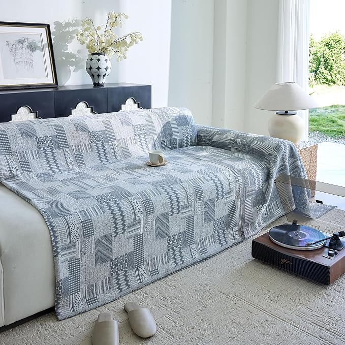 DREAMINGO Vintage Patchwork 3-Layer Gauze Geometric Jacquard Sofa Cover, Farmhouse Couch Cover Blanket for 3 Seater, Living Room Washable Furniture Protector, Dark Grey, 91"x150" - Image 7