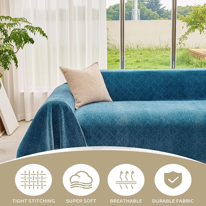 VANJOROY Boho Couch Cover Chenille for 2 Cushion Loveseat, Washable Blue Sofa Couch L-Shape Cover Protector Soft Sofa Slipcovers for Pets Dog with Tassel,71"x 102" - Image 2