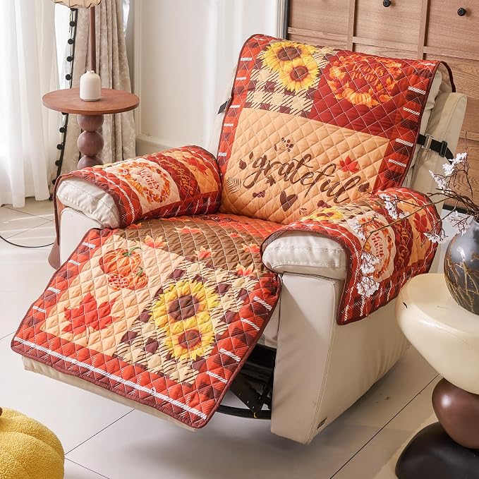 EVENHUG Fall Sofa Cover for Festival Home Decorations Thanksgiving Slipcover Furniture Protector Washable Couch Cover with Non Slip and Elastic Straps for Kids Pets Dogs (Recliner) - Image 2
