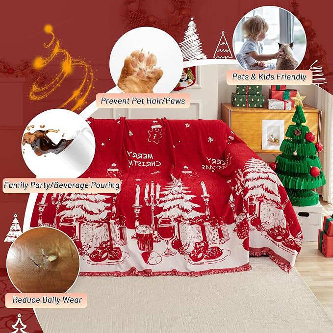 MYSKY HOME Christmas Couch Cover, Sofa Cover for 2 Cushion Couch, Non-Slip Soft Sofa Slipcover Protector, Sofa Covers Washable, Couch Covers for Sectional Sofa, Sofa Towel for Pet Cat Dog, 71" x 118" - Image 2
