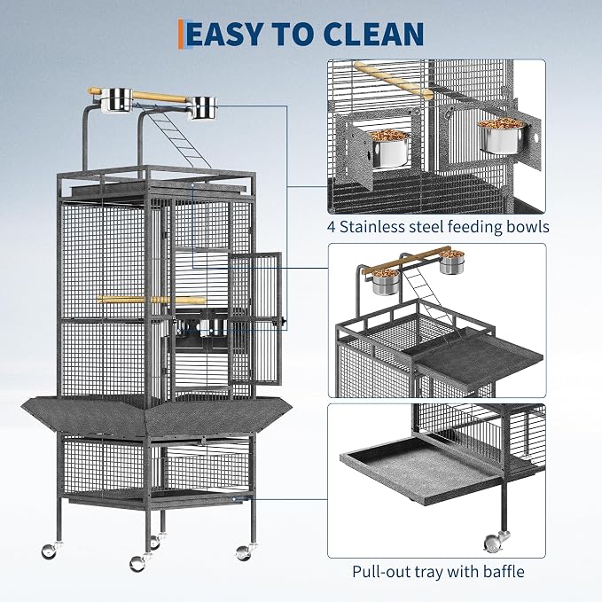61Inch Bird Cage with Play Top, Extra Large Bird Cage with Wood Perches, Feeder for Parakeets, Canaries, Lovebirds, Small Quaker, Cockatiels, Budgie (60" h) - Image 4