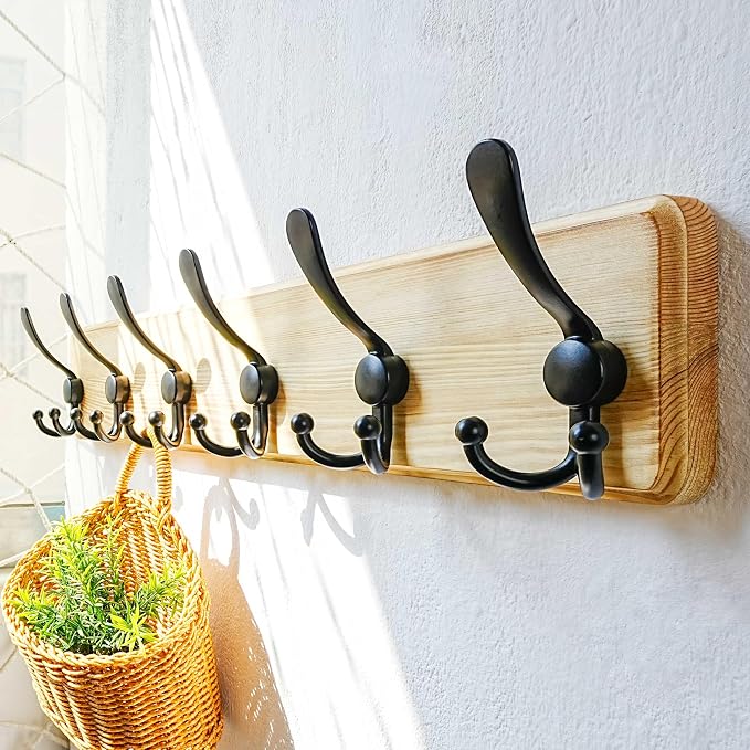 Dseap Coat Rack Wall Mounted - 24" Long 6 Tri Hooks, Heavy Duty Wooden Wall Coat Hanger Coat Hook for Clothes Hat Jacket Clothing, Weathered Light Natural and Black - Image 2