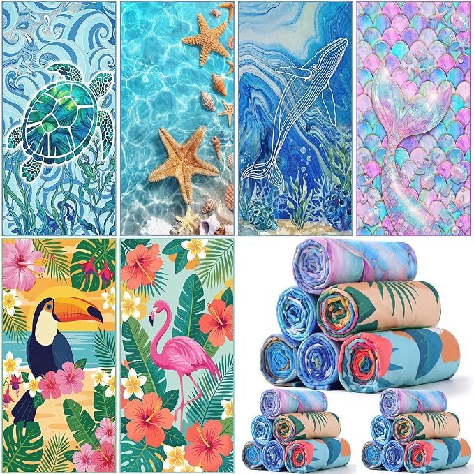 Remagr 24 Pcs Oversized Microfiber Beach Towels Bulk 60"x 28" Extra Large Quick Dry Absorbent Sand Free Towels for Adults, Pool, Travel, Swim, Yoga, Gym (Oceans and Animals) by Remagr