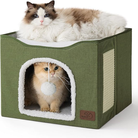 Bedsure Cat House Bed for Indoor Cats with Fluffy Ball and Scratch Pad | Loden Green,16.5x16.5x13 in,Large Cat Cave for Multiple Pets,Foldable Cat Hideway Cube for Sleeping Kitten by Unknown