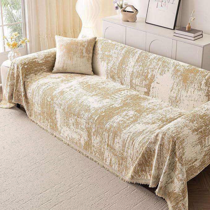 hyha Couch Cover for Dogs, Boho Chenille Sofa Cover for 3 Cushion Couch | Anti-Scratch Washable Sofa Slipcover, Loveseat Sectional Couch Throw Blankets with Tassels (Khaki/White, 71x118 Inch) - Image 2