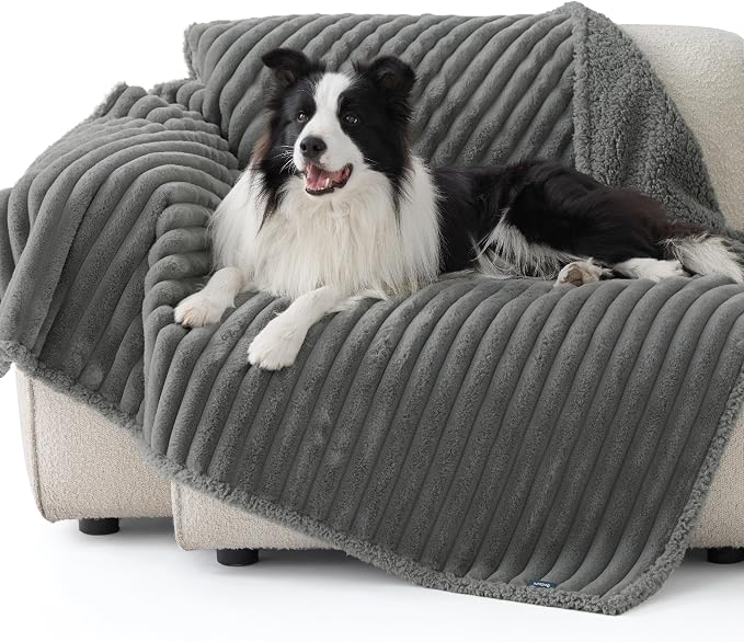 Bedsure ComfyFleece™ Waterproof Dog Blankets for Large Dogs,50x60 | Soft Plush Couch Cover,Washable Corduroy Fleece for Furniture Protector,Cozy Calming Reversible Pet Blanket, Warm Grey - Image 8