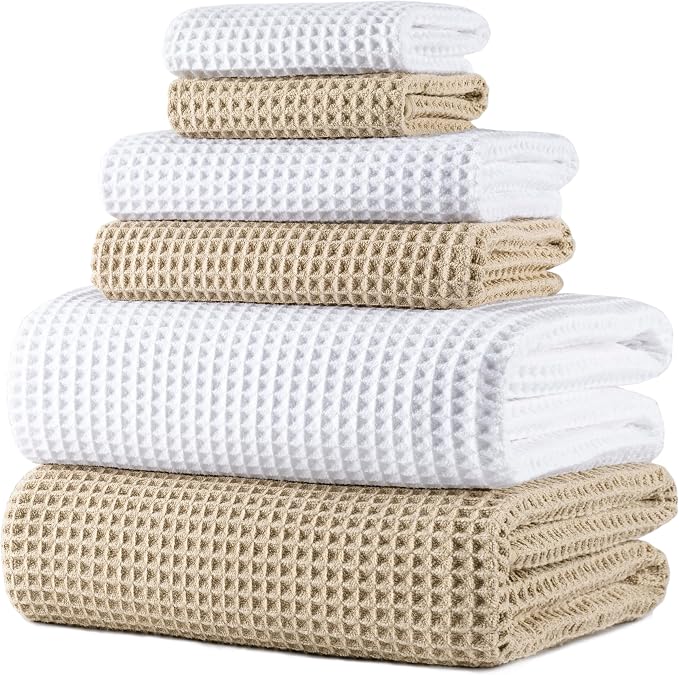 POLYTE 430 GSM Microfiber Quick Dry Lint Free Oversize Bath Towel Set, 6 Piece (Waffle Weave) by Polyte