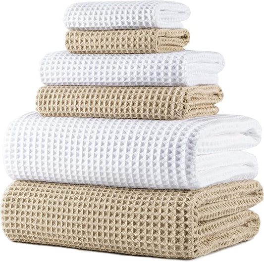 POLYTE 430 GSM Microfiber Quick Dry Lint Free Oversize Bath Towel Set, 6 Piece (Waffle Weave) by Polyte