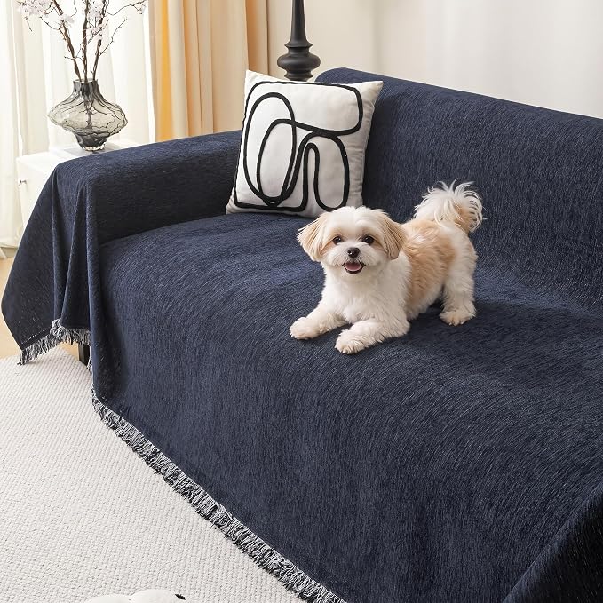 MEETSKY Sectional Sofa Covers Blue Couch Covers for 3 Cushion Couch Sofa Chenille Couch Cover Living Room Multi-Use L Shaped Sofa Slipcovers for Dogs Cats Tassel Edge 91" x 134", Navy by MEETSKY