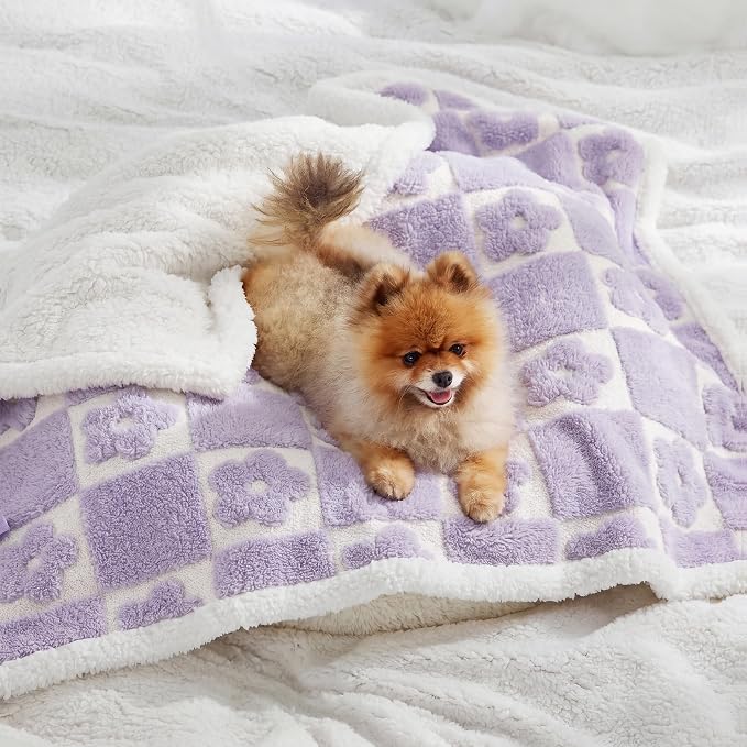 LE SURE Waterproof Dog Blankets for Small Dogs Cute Cozy 3D Jacquard,25x35 | Puppy Blanket for Cat Aesthetic Gift, Warm Soft Sherpa Throw Washable, Reversible Pet Couch Protector, Lavender Flower Checks - Image 2
