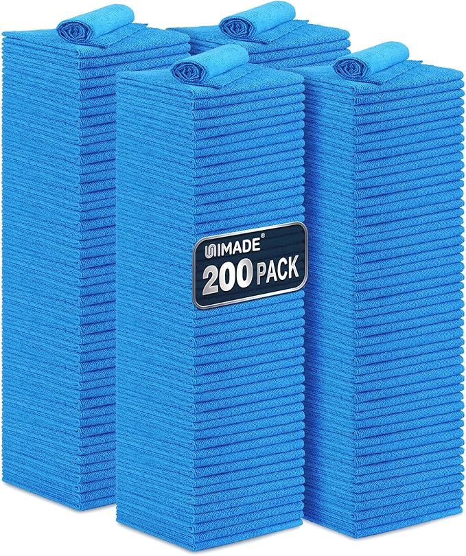UNIMADE Shop Towel Rag, 200 Pack Reusable Rags Bulk | Microfiber Cleaning Cloth Lint Free Towels for Car Kitchen Automotive Bar Mechanic Restaurant Garage, 11.5"x 11.5", Blue by Unimade