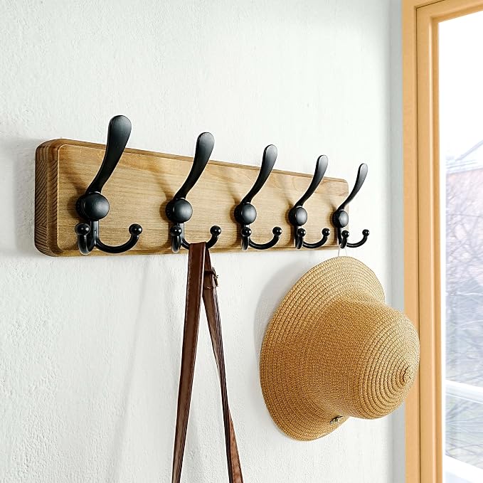 Dseap Coat Rack Wall Mount - Heavy-Duty Robust Barnwood-Style Wooden Wall Coat Hanger Hook Rail with 5 Triple Hooks for Winter Coats Hat Jacket Clothing, Weathered Brown & Black - Image 6