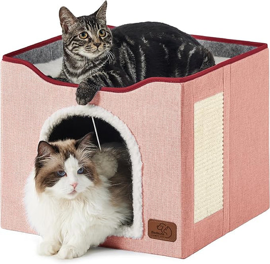 Bedsure Cat Beds for Indoor Cats - Large Cat Cave for Pet Cat House with Fluffy Ball Hanging and Scratch Pad, Foldable Cat Hideaway,16.5x16.5x13 inches, Pink | 16.5x16.5x13 in,Large Cat Cave for Multiple Pets,Foldable Cat Hideway Cube for Sleeping Kitten by Unknown