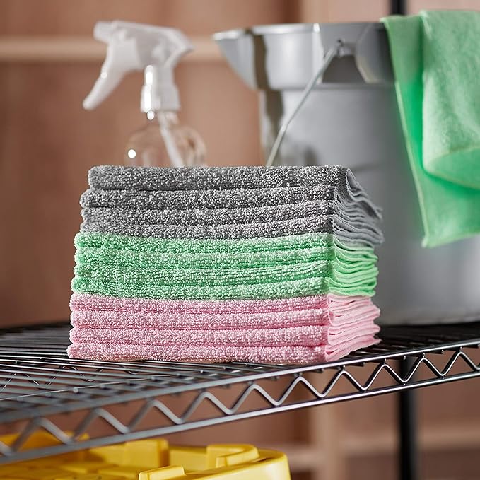 Amazon Basics Microfiber Cleaning Cloths, Ultra Absorbent, Scratch Free, Non-Abrasive, Reusable and Washable, All-Purpose, Car Detailing, 16" x 12", Green/Gray/Pink (Pack of 288) - Image 6