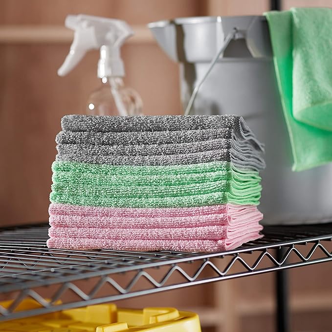 Amazon Basics Microfiber Cleaning Cloths, Ultra Absorbent, Scratch-Free, Non-Abrasive, Reusable and Washable, 16" x 12", Green/Gray/Pink, 48-Pack - Image 5