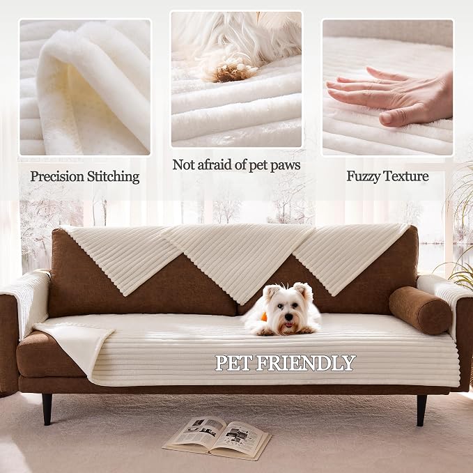 Dual Non-Slip Couch Cover for Dogs Waterproof, Cream Fuzzy Soft Pet Couch Covers for Sofa 3 Cushion, Pet Friendly Soft Dog Bed Covers Sofa Cover Washable (White, 33" x 75" 1 Pack) - Image 4