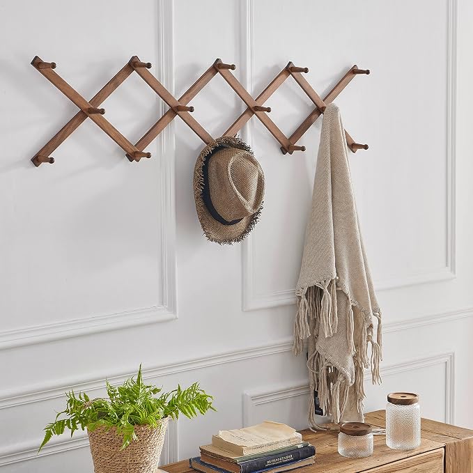 SKOLOO Hat Rack for Wall with 14 Hooks, Pack of 2, Solid Wooden, Modern, Expandable Coat Rack Wall Mount for Coats, Hats, Bags, Baseball Caps, Walnut Color - Image 2