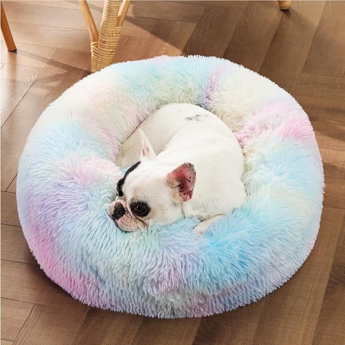 Bedsure Calming Small Dog Bed Donut Washable Cat＆Puppy Bed,23 inches | Fluffy Faux Fur Round Cuddler,Anti-Slip Bottom,Anti-Anxiety,Deep Sleeping for Large Cat & Pets Up to 25 Lbs,Multi Color - Image 4