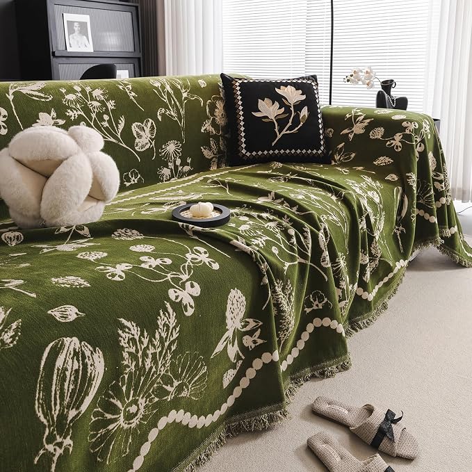 STACYPIK Green Botanical Floral Print Sofa Cover for Pets, Soft Jacquard Couch Cover for 3 Cushion Couch Washable, Tassels Couch Blanket Slipcover for Living Room, Non Silp Dog Sofa Protector-71X150IN - Image 9