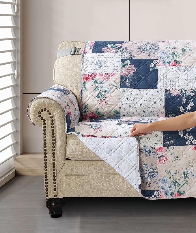 Brilliant Sunshine Vintage Indigo and Pink Roses Couch Cover, 78" seat | Traditional Patchwork Design, Non Slip Sofa Cover, Quilted Furniture Protector, Extra Large Washable Slipcover for Pets - Image 4