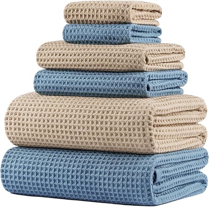 POLYTE 430 GSM Microfiber Quick Dry Lint Free Oversize Bath Towel Set, 6 Piece (Waffle Weave) by Polyte