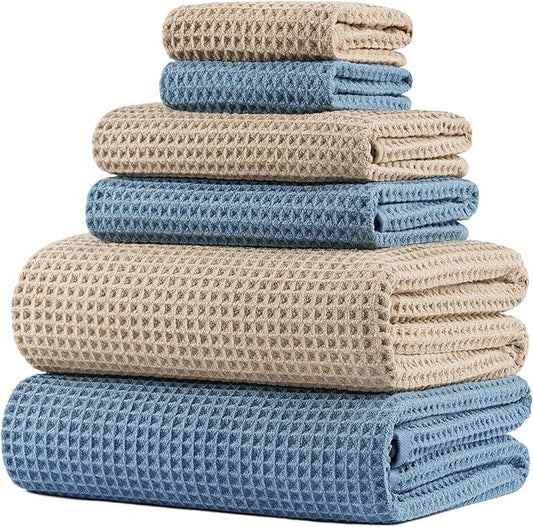 POLYTE 430 GSM Microfiber Quick Dry Lint Free Oversize Bath Towel Set, 6 Piece (Waffle Weave) by Polyte