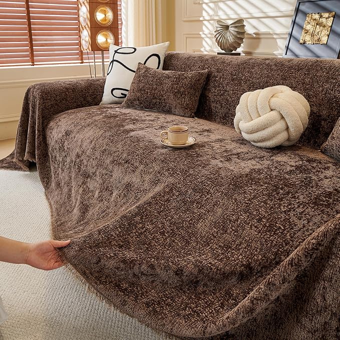 ROOMLIFE Brown Sofa Cover, Vintage Boho Couch Cover for 3 Cushion Sofa, Soft Chenille Sofa Cover for Dog, Washable Furniture Sofa Protector Cover Blanket with Tassel for Living Room, 71 '' X 150'' - Image 8