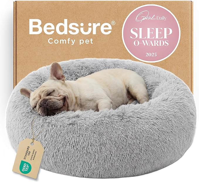 Bedsure Calming Dog Bed Medium Size Dog Donut Washable Pet Bed,30ins | Fluffy Faux Fur Round Cuddler,Machine Washable,Anti-Slip Bottom,Anti-Anxiety,Deep Sleeping for Pets Up to 45 Lbs,Pale Grey by Unknown