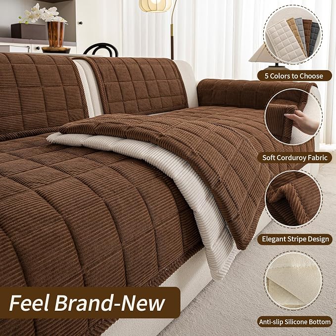 Velvet Couch Covers for Sectional Sofa Washable, Non-Slip L Shaped Sectional Couch Cover, Soft Pet Couch Covers for Sofa, Furniture Slipcovers for 2-3 Cushion Couch(1PC,35"x71",Dark Brown) - Image 4