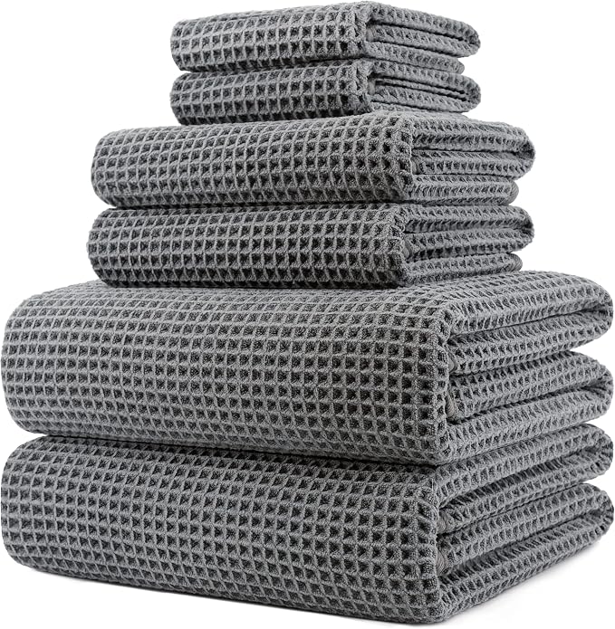 POLYTE 430 GSM Microfiber Quick Dry Lint Free Oversize Bath Towel Set, 6 Piece (Waffle Weave) by Polyte