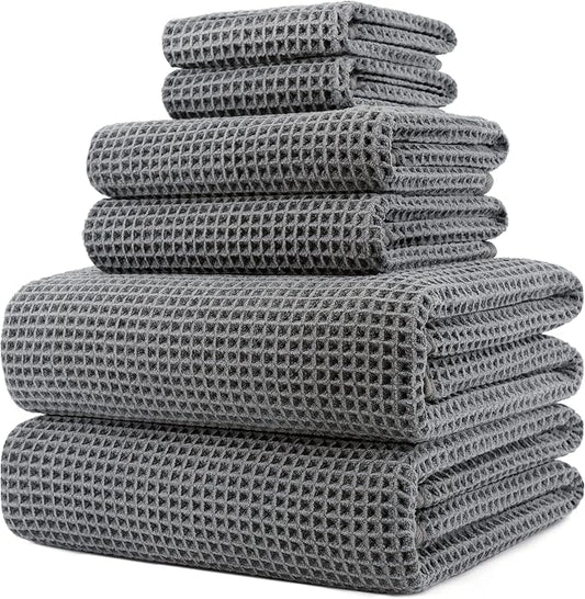 POLYTE 430 GSM Microfiber Quick Dry Lint Free Oversize Bath Towel Set, 6 Piece (Waffle Weave) by Polyte