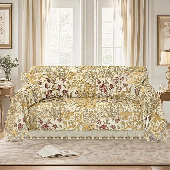 Loom and Mill Sofa Couch Covers Patchwork Design, Beige Yellow, 71"x118" | Luxury Damask Floral Sofa Throw Cover with Tassels for 2-3 Cushion Couch, Sectional Couch Cover Sofa Slipcover for Dogs Pets - Image 2