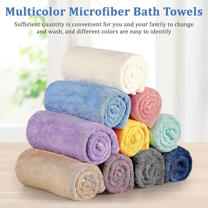 10 Pack Bath Towels Set, Soft Microfiber Towel 27.5 x 55 Inches | Lightweight, Quick Dry, Highly Absorbent Towels for Bathroom, Shower & Beach(Multicolor) - Image 4
