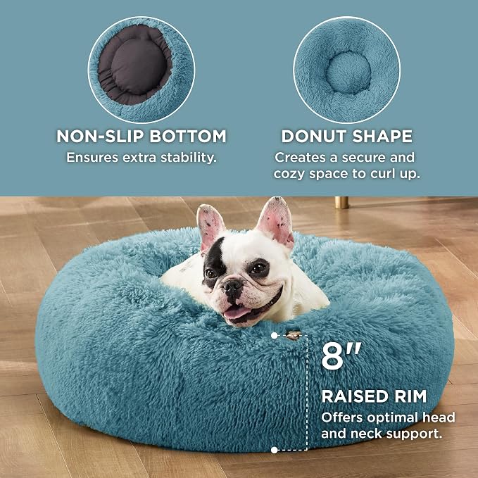 Bedsure Calming Small Dog Bed Donut Washable Cat＆Puppy Bed,23 inches | Fluffy Faux Fur Round Cuddler,Anti-Slip Bottom,Anti-Anxiety,Deep Sleeping for Large Cat & Pets Up to 25 Lbs,Washed Blue - Image 3