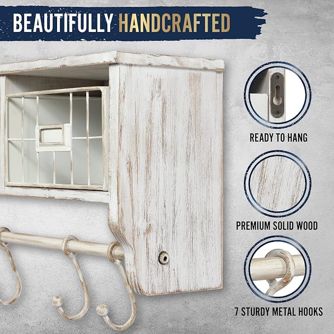 HBCY Creations Wall Mounted Shelf with Coat Hooks and Baskets, Solid Wood Entryway Organizer Wall Shelf with Hooks - Hang Coats, Keys or Coffee Mugs, Rustic Whitewashed 24" Wide - Image 5